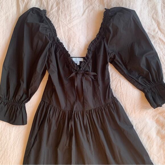 Hill House Samantha Cotton Long 3/4 Sleeve V Neck Ruffle A Line Mini Dress Black - Picture 7 of 11